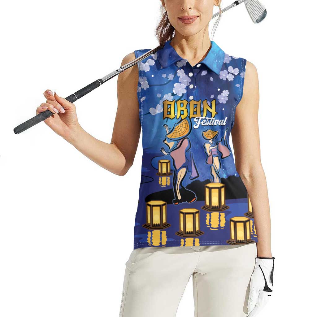 Japan Obon Festival Women Sleeveless Polo Shirt Sakura Lanterns With Bon Dance - Polynesian Pride