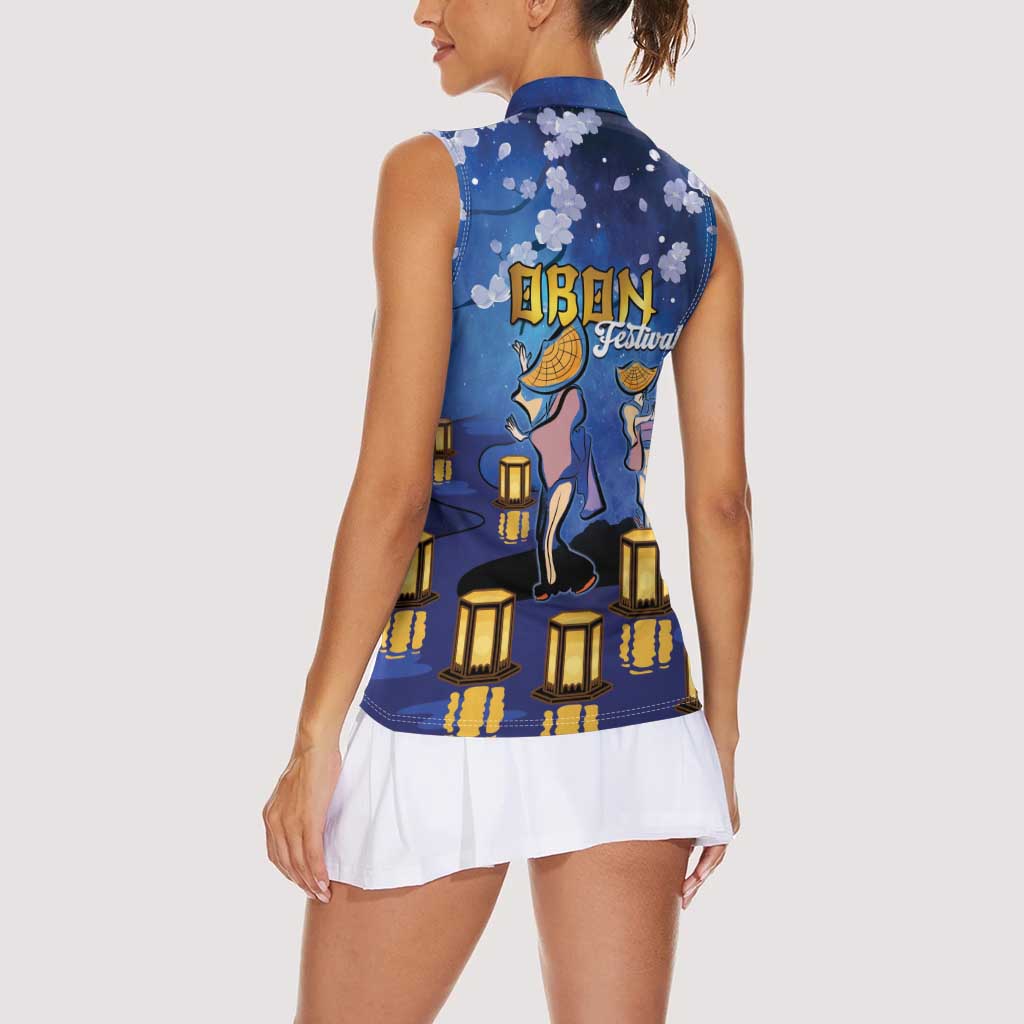 Japan Obon Festival Women Sleeveless Polo Shirt Sakura Lanterns With Bon Dance - Polynesian Pride