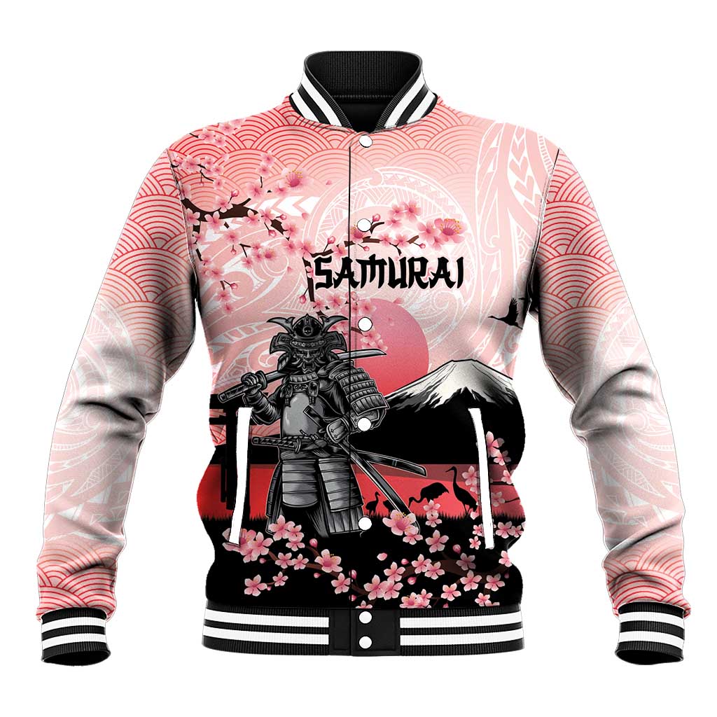 Personalised Japan Samurai Warrior Baseball Jacket Japanese Cherry Blossom Polynesian Pattern - Polynesian Pride