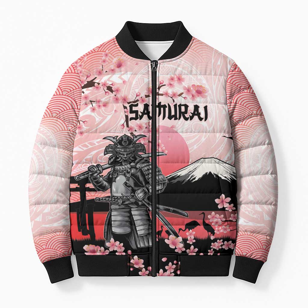Personalised Japan Samurai Warrior Bomber Puffer Jacket Japanese Cherry Blossom Polynesian Pattern - Polynesian Pride