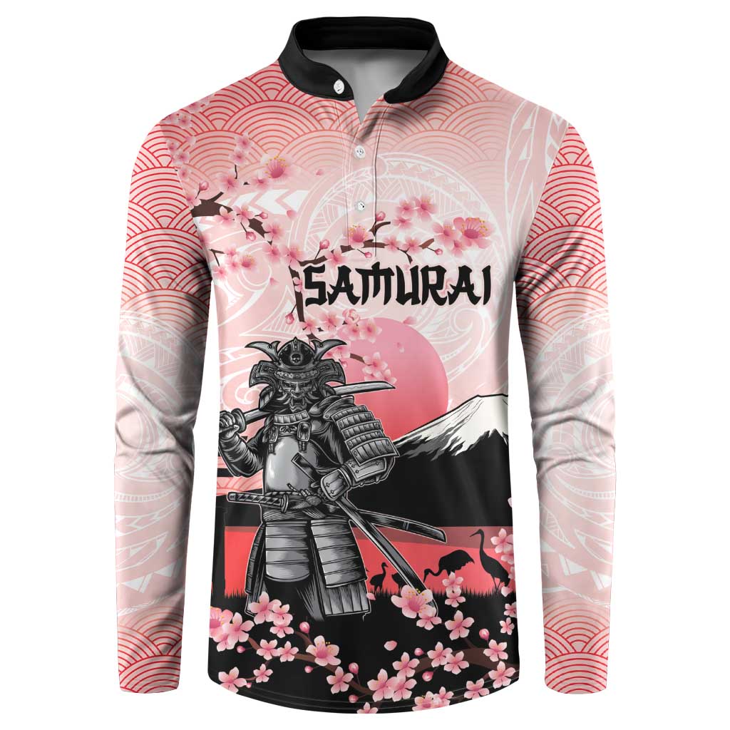 Personalised Japan Samurai Warrior Button Sweatshirt Japanese Cherry Blossom Polynesian Pattern - Polynesian Pride