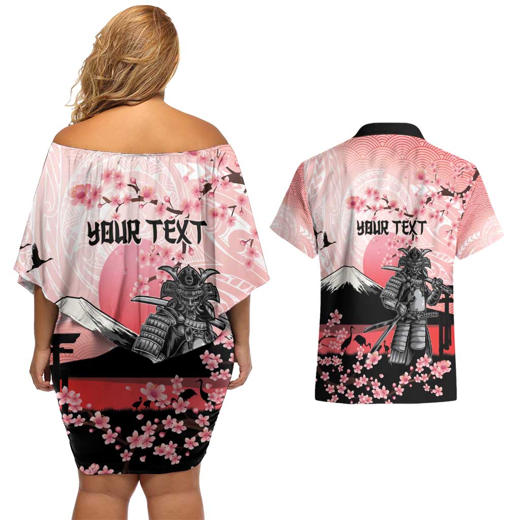 Personalised Japan Samurai Warrior Couples Matching Off Shoulder Short Dress and Hawaiian Shirt Japanese Cherry Blossom Polynesian Pattern - Polynesian Pride