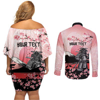 Personalised Japan Samurai Warrior Couples Matching Off Shoulder Short Dress and Long Sleeve Button Shirt Japanese Cherry Blossom Polynesian Pattern LT14 - Polynesian Pride