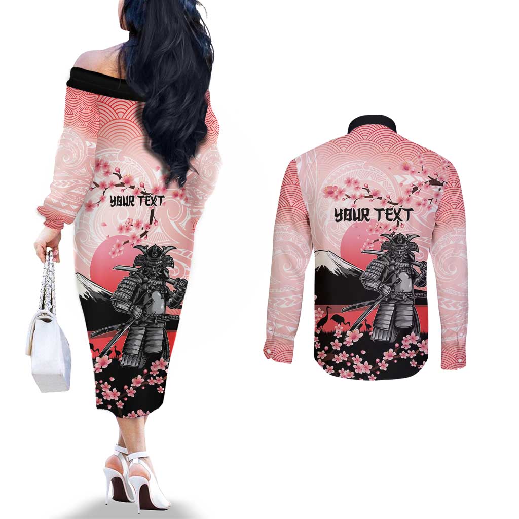 Personalised Japan Samurai Warrior Couples Matching Off The Shoulder Long Sleeve Dress and Long Sleeve Button Shirt Japanese Cherry Blossom Polynesian Pattern - Polynesian Pride