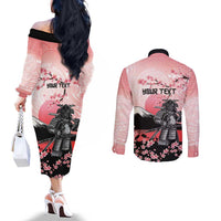 Personalised Japan Samurai Warrior Couples Matching Off The Shoulder Long Sleeve Dress and Long Sleeve Button Shirt Japanese Cherry Blossom Polynesian Pattern - Polynesian Pride