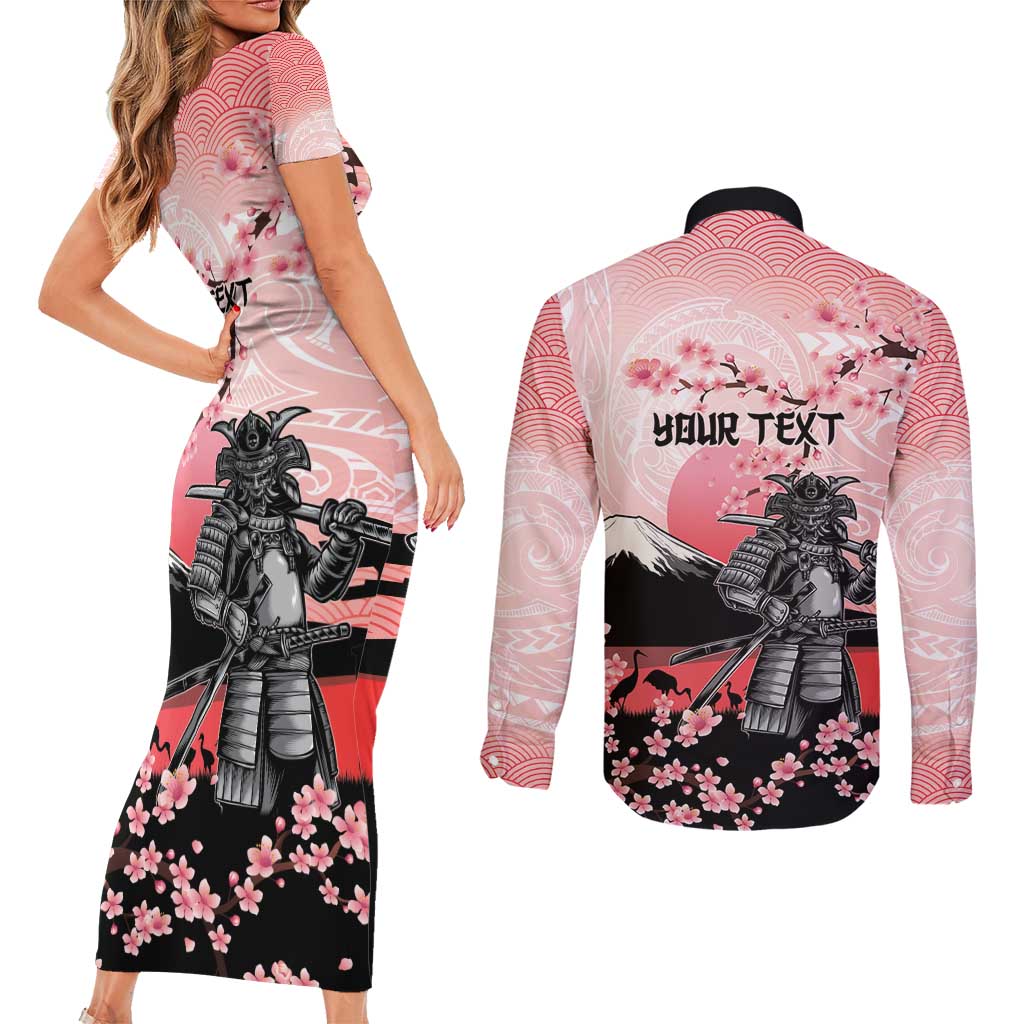 Personalised Japan Samurai Warrior Couples Matching Short Sleeve Bodycon Dress and Long Sleeve Button Shirt Japanese Cherry Blossom Polynesian Pattern - Polynesian Pride