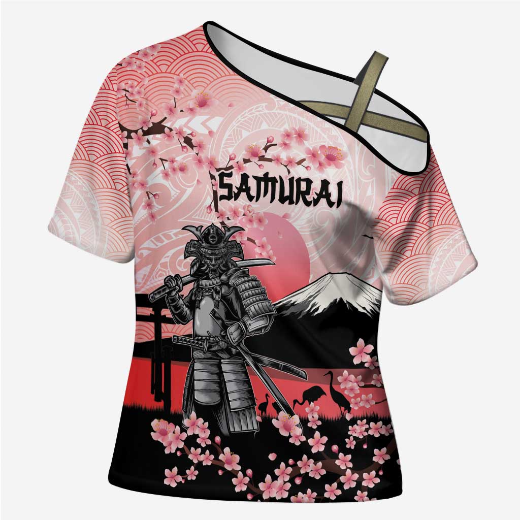 Personalised Japan Samurai Warrior Cross Shoulder Shirt Japanese Cherry Blossom Polynesian Pattern - Polynesian Pride