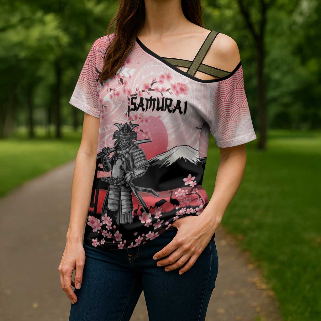Personalised Japan Samurai Warrior Cross Shoulder Shirt Japanese Cherry Blossom Polynesian Pattern - Polynesian Pride