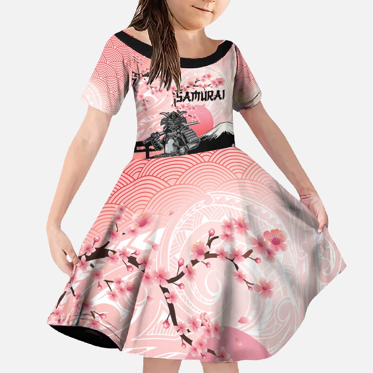 Personalised Japan Samurai Warrior Family Matching Off The Shoulder Long Sleeve Dress and Hawaiian Shirt Japanese Cherry Blossom Polynesian Pattern - Polynesian Pride