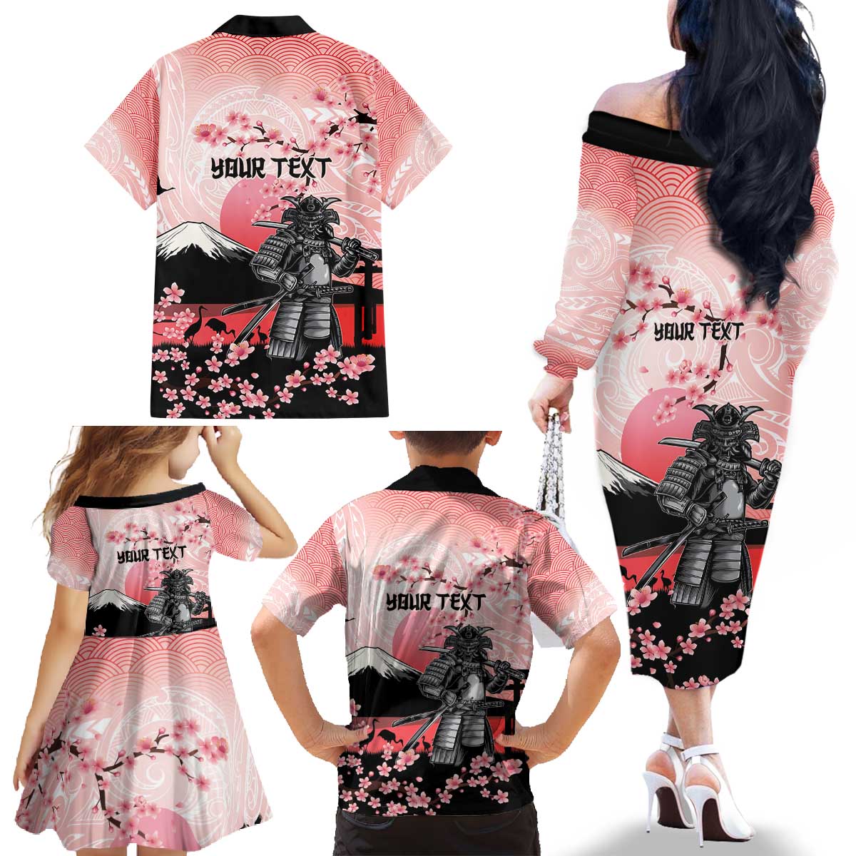 Personalised Japan Samurai Warrior Family Matching Off The Shoulder Long Sleeve Dress and Hawaiian Shirt Japanese Cherry Blossom Polynesian Pattern - Polynesian Pride