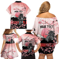Personalised Japan Samurai Warrior Family Matching Off Shoulder Short Dress and Hawaiian Shirt Japanese Cherry Blossom Polynesian Pattern - Polynesian Pride