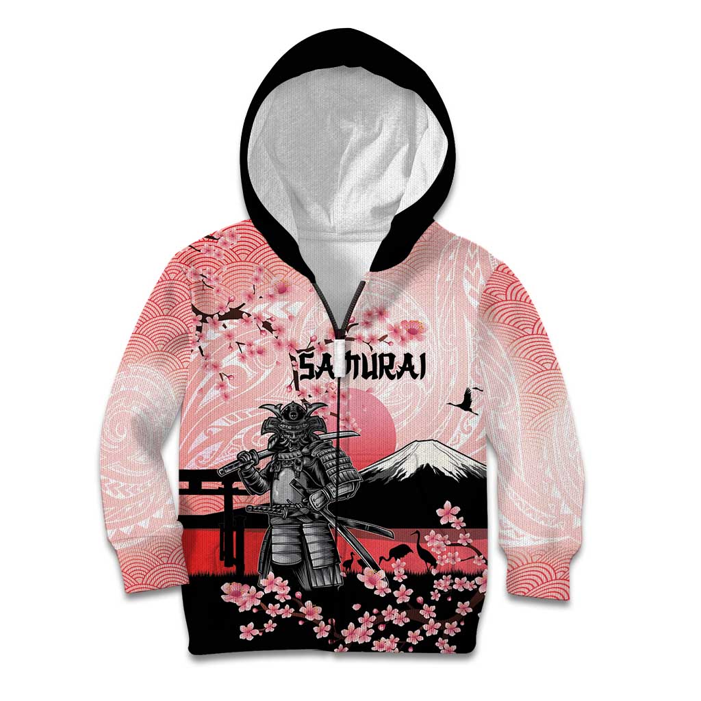 Personalised Japan Samurai Warrior Kid Hoodie Japanese Cherry Blossom Polynesian Pattern - Polynesian Pride