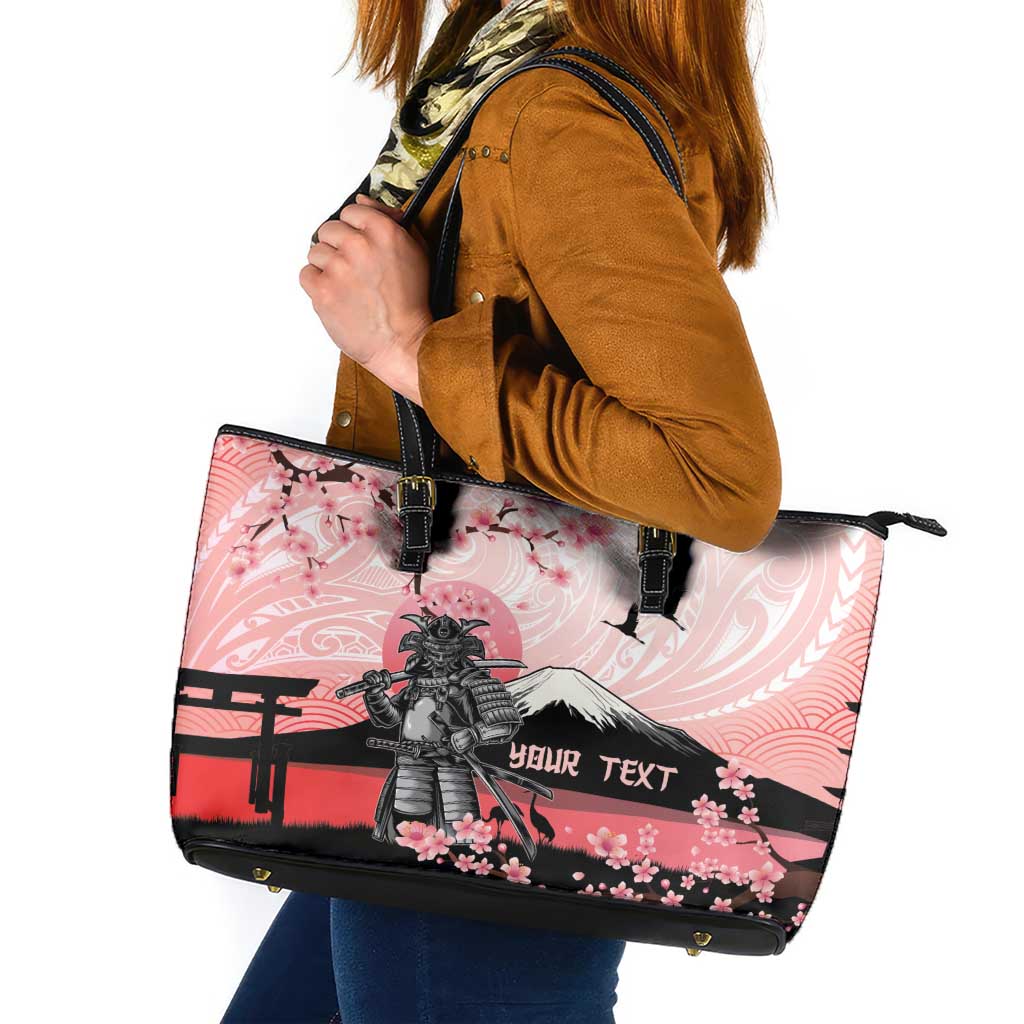 Personalised Japan Samurai Warrior Leather Tote Bag Japanese Cherry Blossom Polynesian Pattern - Polynesian Pride