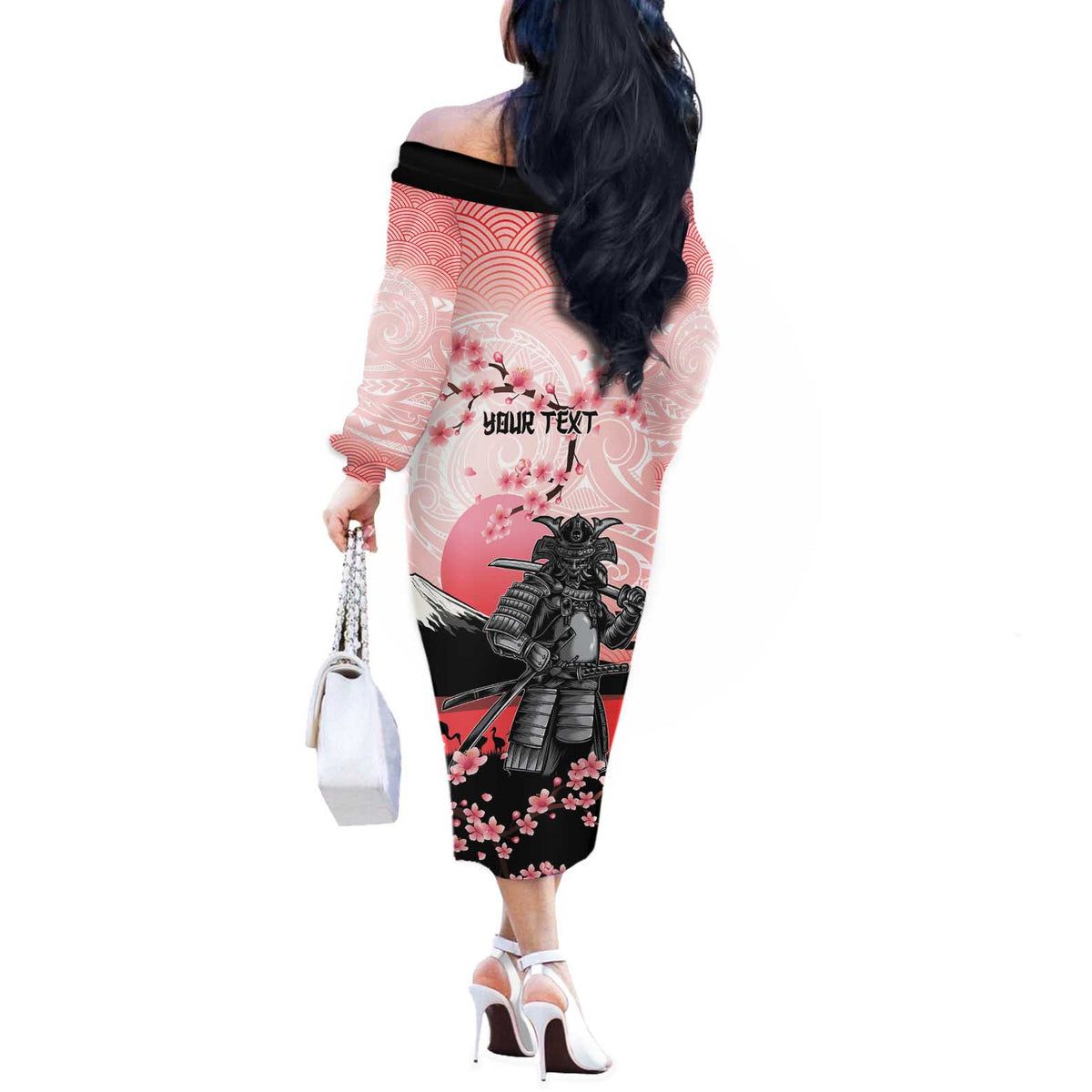 Personalised Japan Samurai Warrior Off The Shoulder Long Sleeve Dress Japanese Cherry Blossom Polynesian Pattern - Polynesian Pride