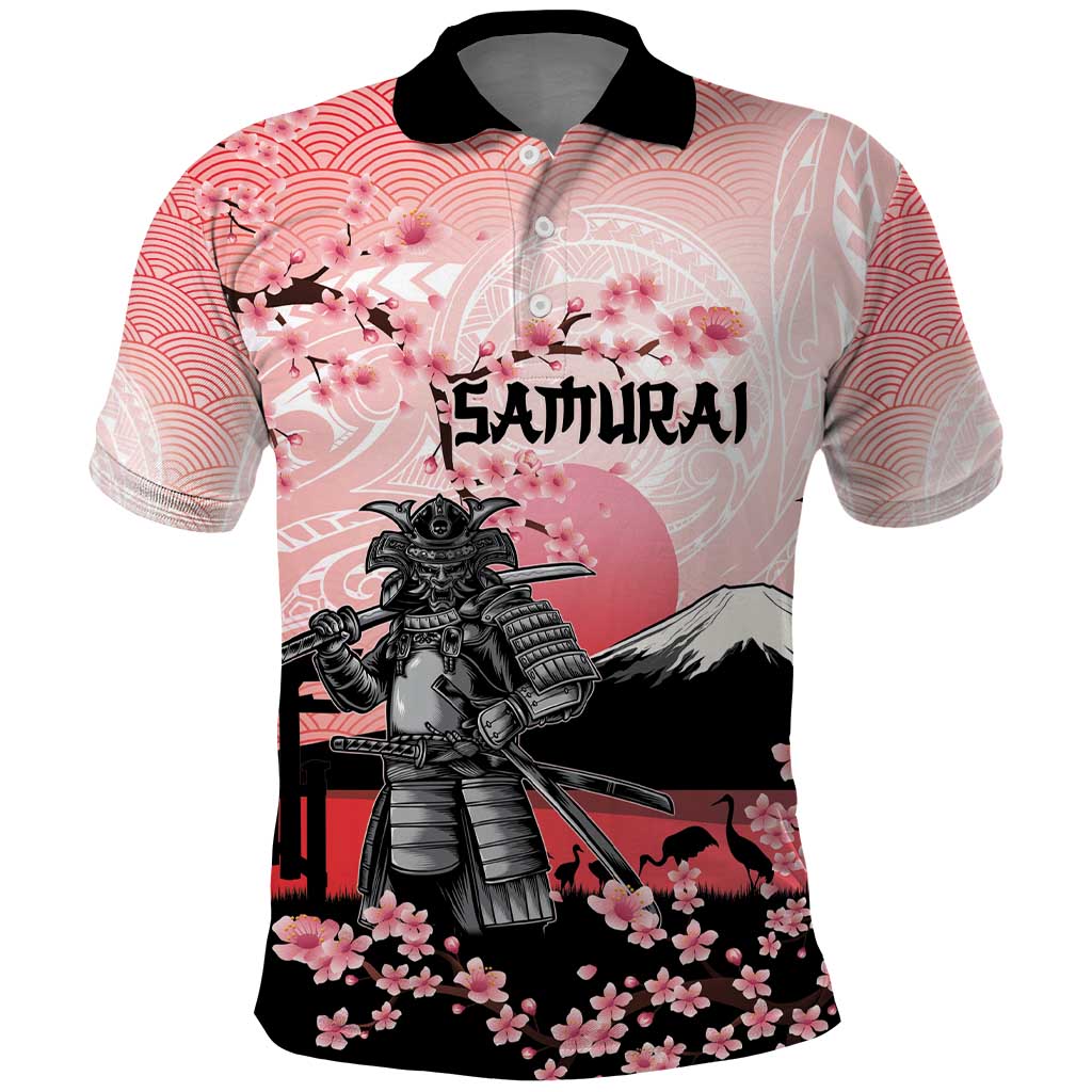 Personalised Japan Samurai Warrior Polo Shirt Japanese Cherry Blossom Polynesian Pattern - Polynesian Pride
