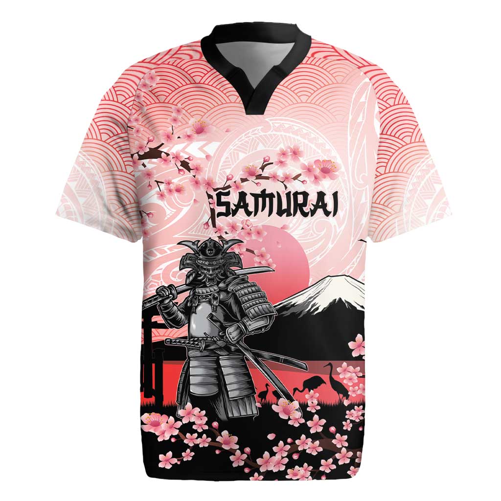 Personalised Japan Samurai Warrior Rugby Jersey Japanese Cherry Blossom Polynesian Pattern - Polynesian Pride
