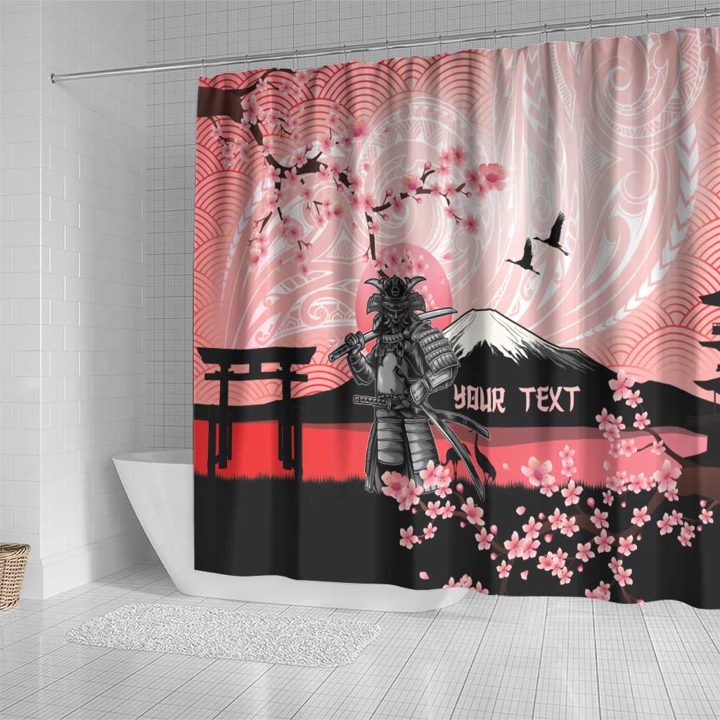 Personalised Japan Samurai Warrior Shower Curtain Japanese Cherry Blossom Polynesian Pattern - Polynesian Pride