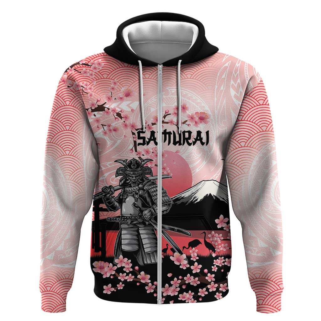 Personalised Japan Samurai Warrior Zip Hoodie Japanese Cherry Blossom Polynesian Pattern LT14 Zip Hoodie Pink - Polynesian Pride