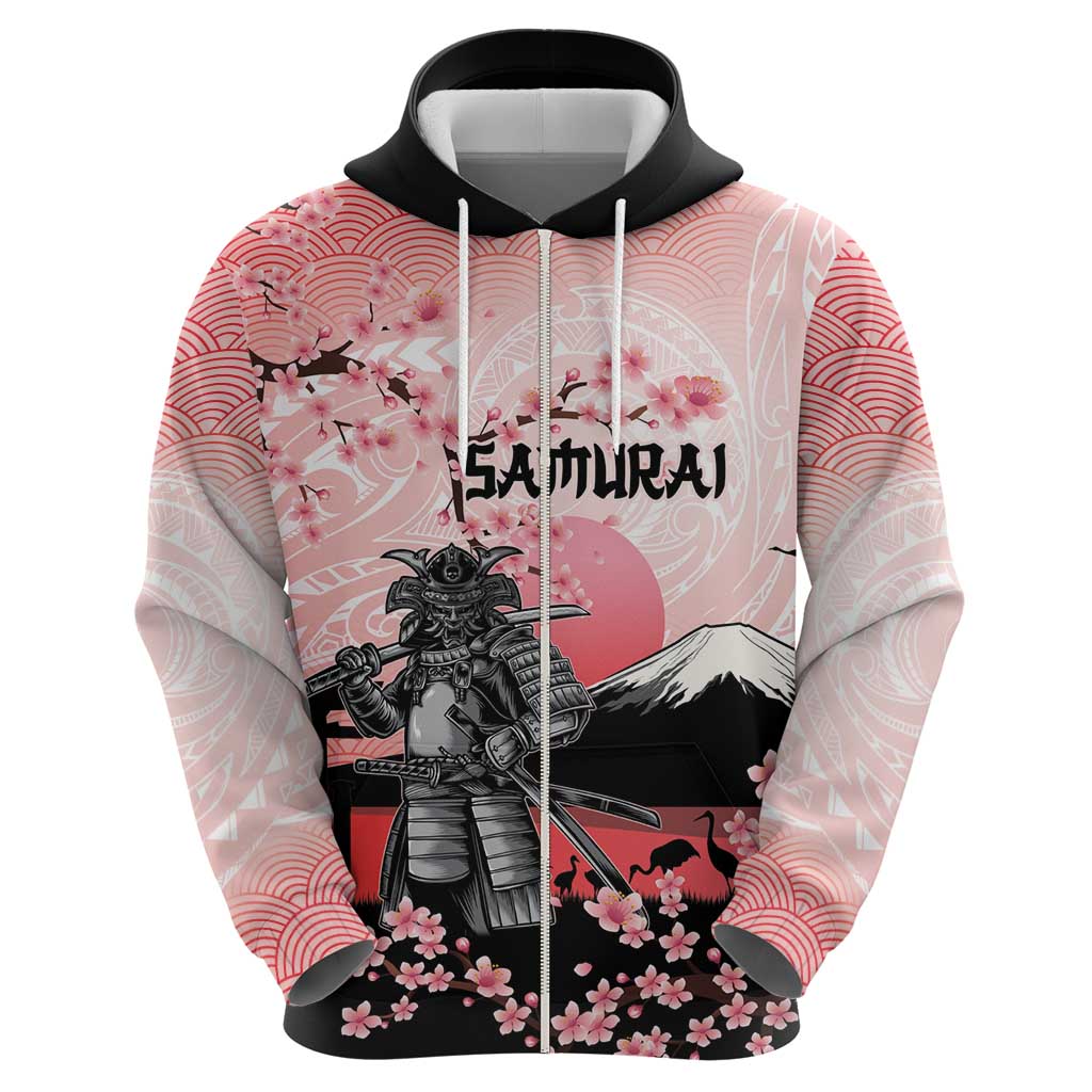 Personalised Japan Samurai Warrior Zip Hoodie Japanese Cherry Blossom Polynesian Pattern - Polynesian Pride