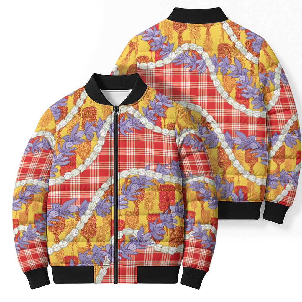 Hawaii Kahili Palaka Motifs Bomber Puffer Jacket Hawaiian Honohono Pikake Lei