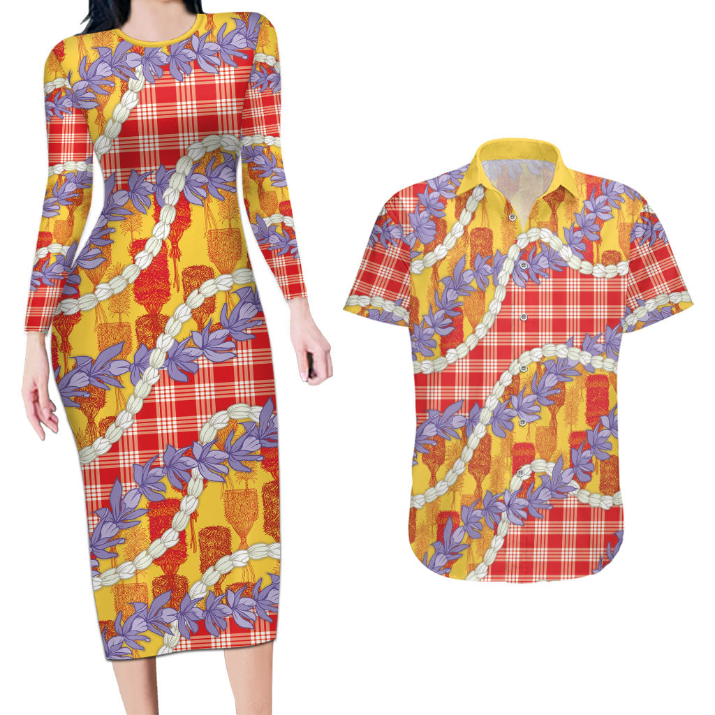 Hawaii Kahili Palaka Motifs Couples Matching Long Sleeve Bodycon Dress and Hawaiian Shirt Hawaiian Honohono Pikake Lei LT14 Red - Polynesian Pride