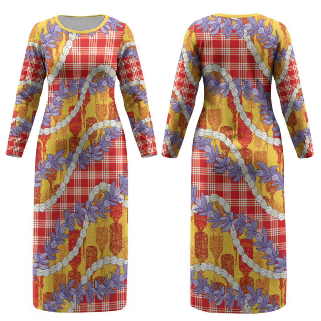 Hawaii Kahili Palaka Motifs Couples Matching Long Sleeve Bodycon Dress and Hawaiian Shirt Hawaiian Honohono Pikake Lei LT14 - Polynesian Pride