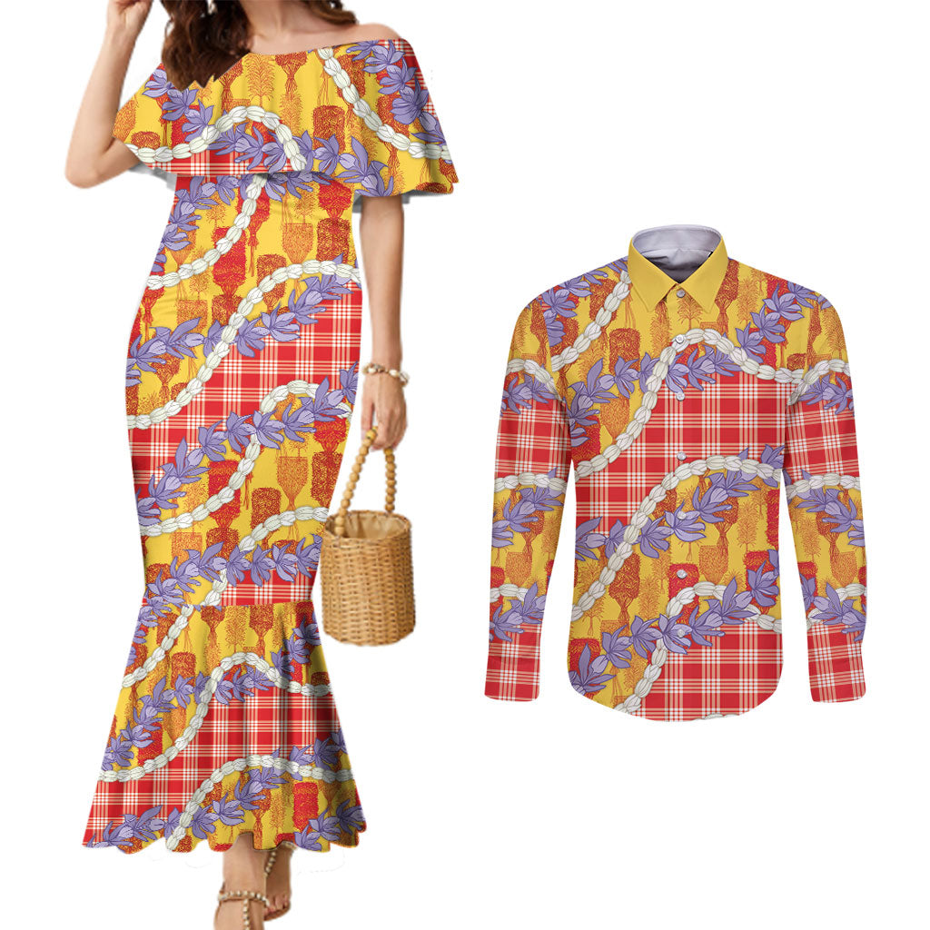 Hawaii Kahili Palaka Motifs Couples Matching Mermaid Dress and Long Sleeve Button Shirt Hawaiian Honohono Pikake Lei