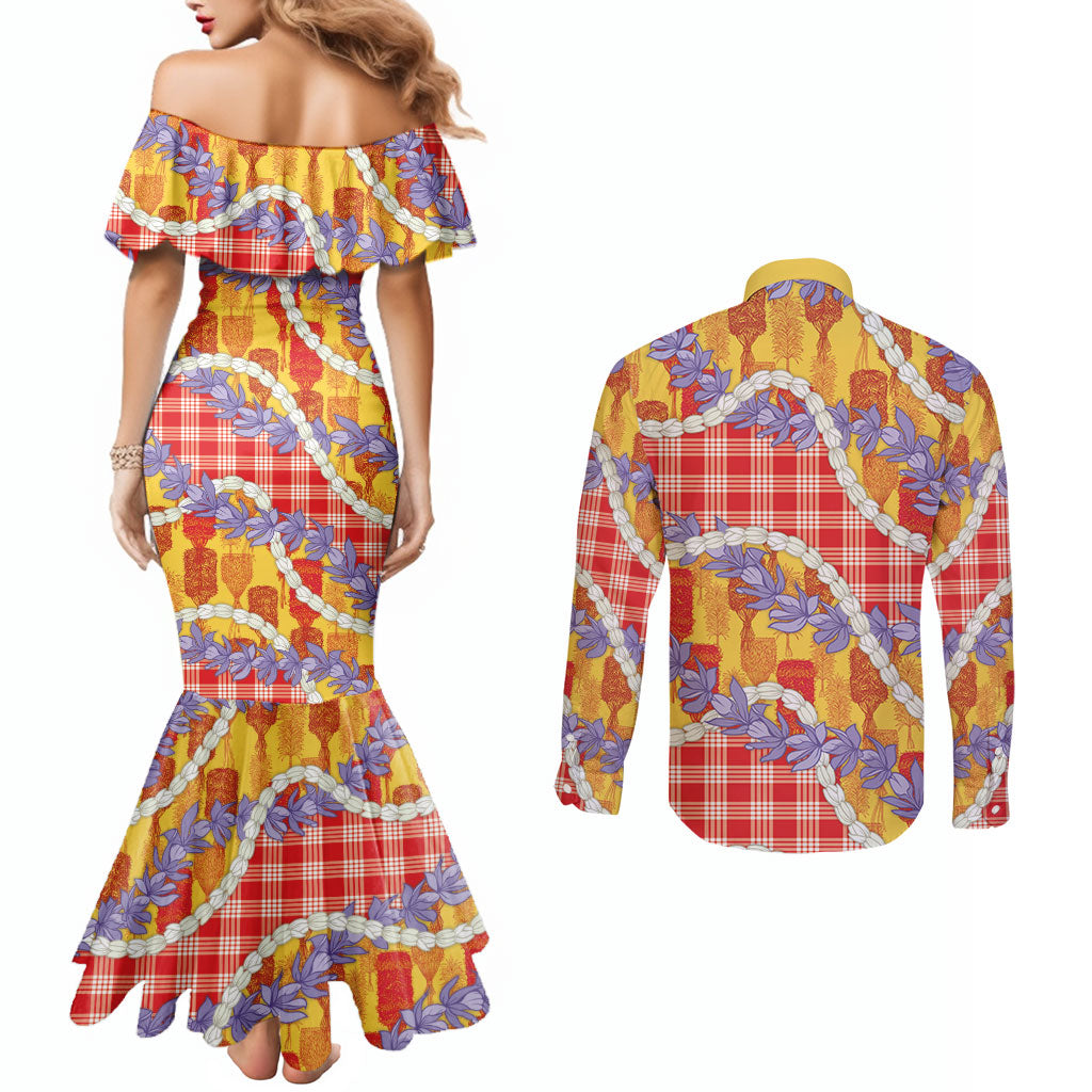 Hawaii Kahili Palaka Motifs Couples Matching Mermaid Dress and Long Sleeve Button Shirt Hawaiian Honohono Pikake Lei