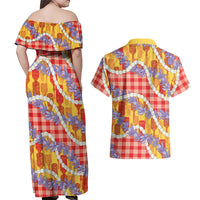 Hawaii Kahili Palaka Motifs Couples Matching Off Shoulder Maxi Dress and Hawaiian Shirt Hawaiian Honohono Pikake Lei