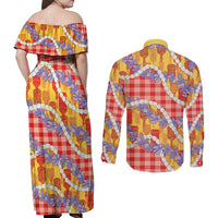 Hawaii Kahili Palaka Motifs Couples Matching Off Shoulder Maxi Dress and Long Sleeve Button Shirt Hawaiian Honohono Pikake Lei
