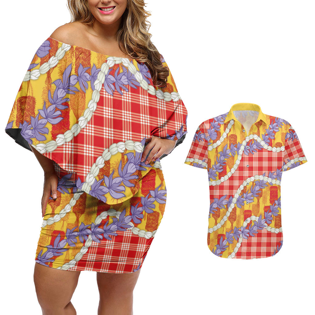 Hawaii Kahili Palaka Motifs Couples Matching Off Shoulder Short Dress and Hawaiian Shirt Hawaiian Honohono Pikake Lei