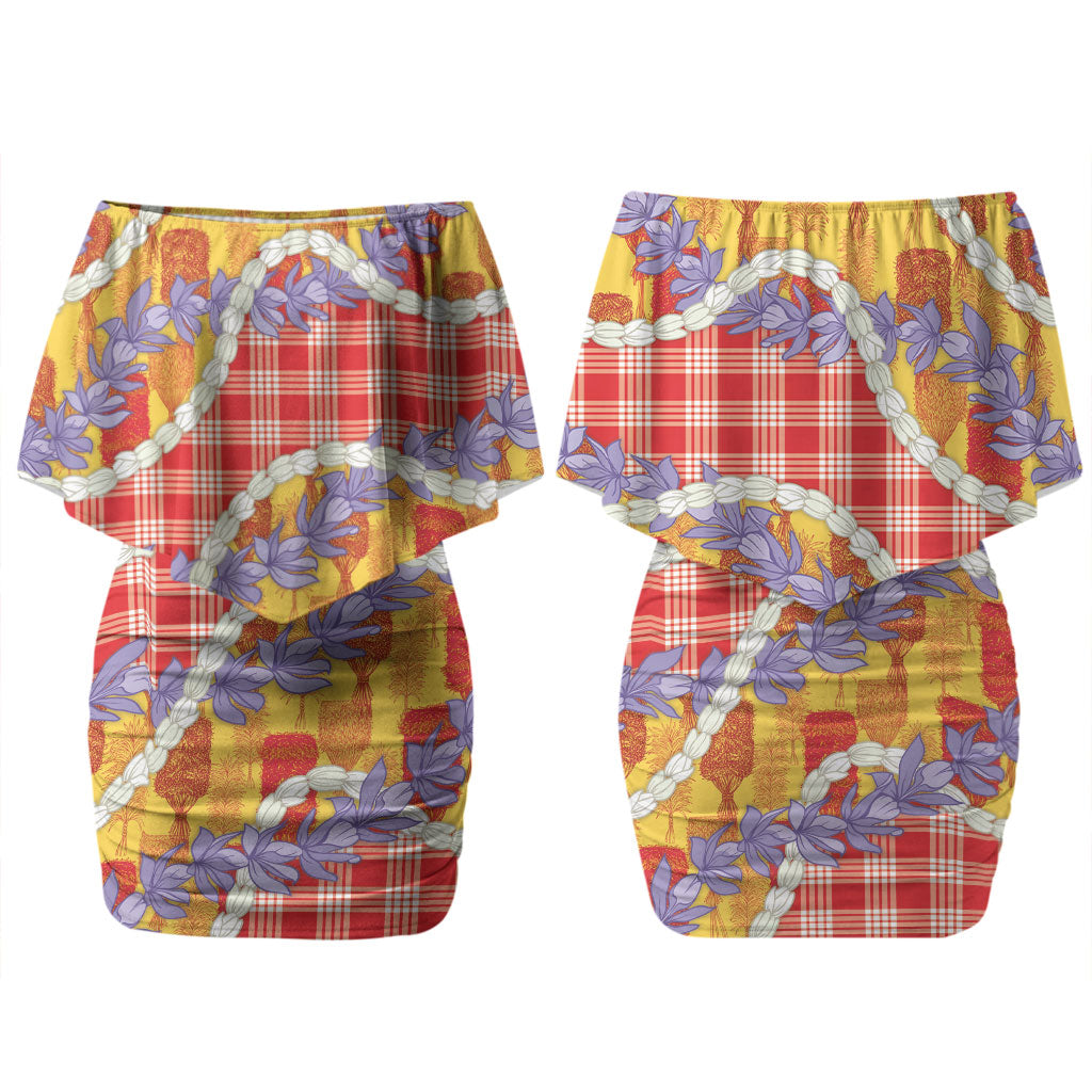 Hawaii Kahili Palaka Motifs Couples Matching Off Shoulder Short Dress and Long Sleeve Button Shirt Hawaiian Honohono Pikake Lei LT14 - Polynesian Pride