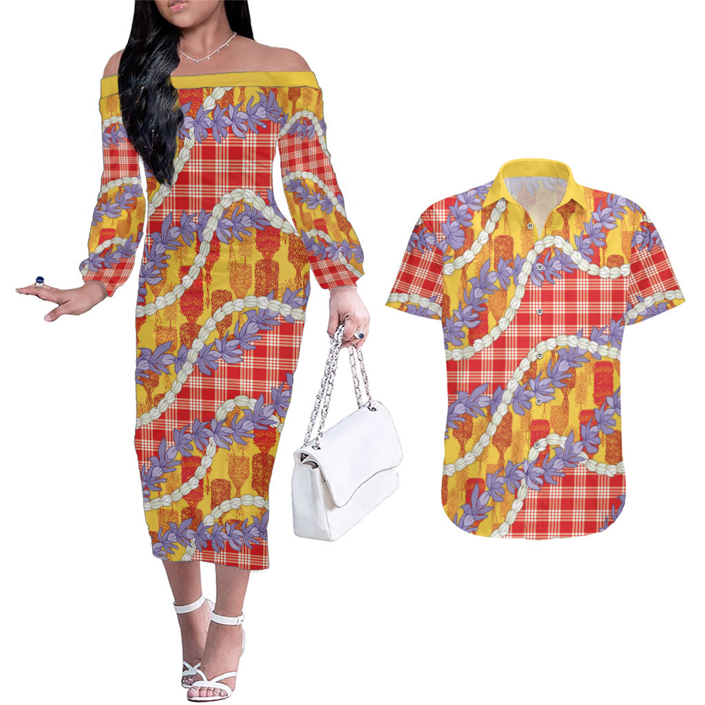 Hawaii Kahili Palaka Motifs Couples Matching Off The Shoulder Long Sleeve Dress and Hawaiian Shirt Hawaiian Honohono Pikake Lei LT14 Red - Polynesian Pride
