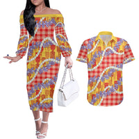 Hawaii Kahili Palaka Motifs Couples Matching Off The Shoulder Long Sleeve Dress and Hawaiian Shirt Hawaiian Honohono Pikake Lei LT14 Red - Polynesian Pride