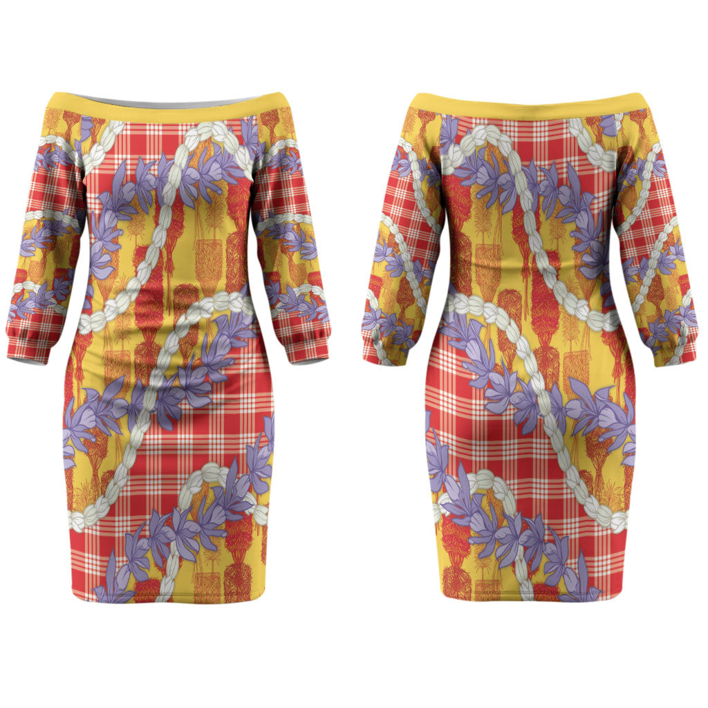 Hawaii Kahili Palaka Motifs Couples Matching Off The Shoulder Long Sleeve Dress and Long Sleeve Button Shirt Hawaiian Honohono Pikake Lei LT14 - Polynesian Pride