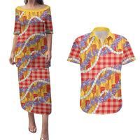 Hawaii Kahili Palaka Motifs Couples Matching Puletasi and Hawaiian Shirt Hawaiian Honohono Pikake Lei