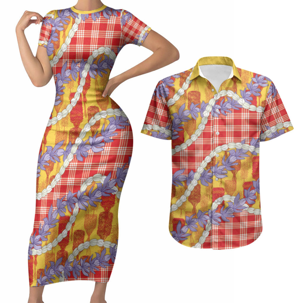 Hawaii Kahili Palaka Motifs Couples Matching Short Sleeve Bodycon Dress and Hawaiian Shirt Hawaiian Honohono Pikake Lei LT14 Red - Polynesian Pride