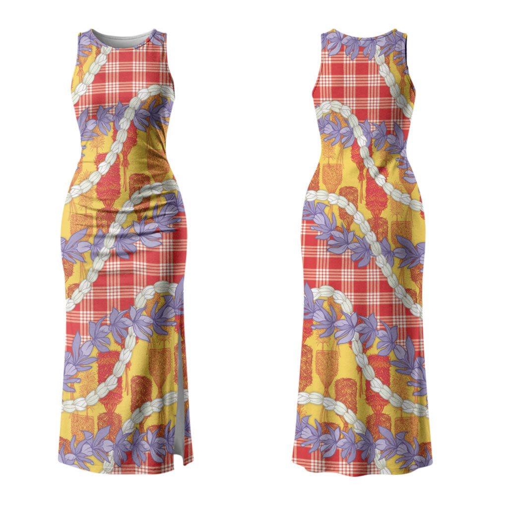 Hawaii Kahili Palaka Motifs Couples Matching Tank Maxi Dress and Hawaiian Shirt Hawaiian Honohono Pikake Lei LT14 - Polynesian Pride