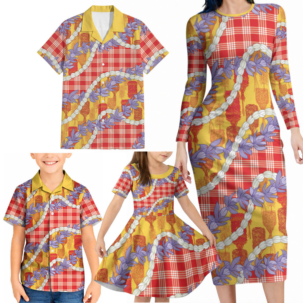 Hawaii Kahili Palaka Motifs Family Matching Long Sleeve Bodycon Dress and Hawaiian Shirt Hawaiian Honohono Pikake Lei LT14 - Polynesian Pride