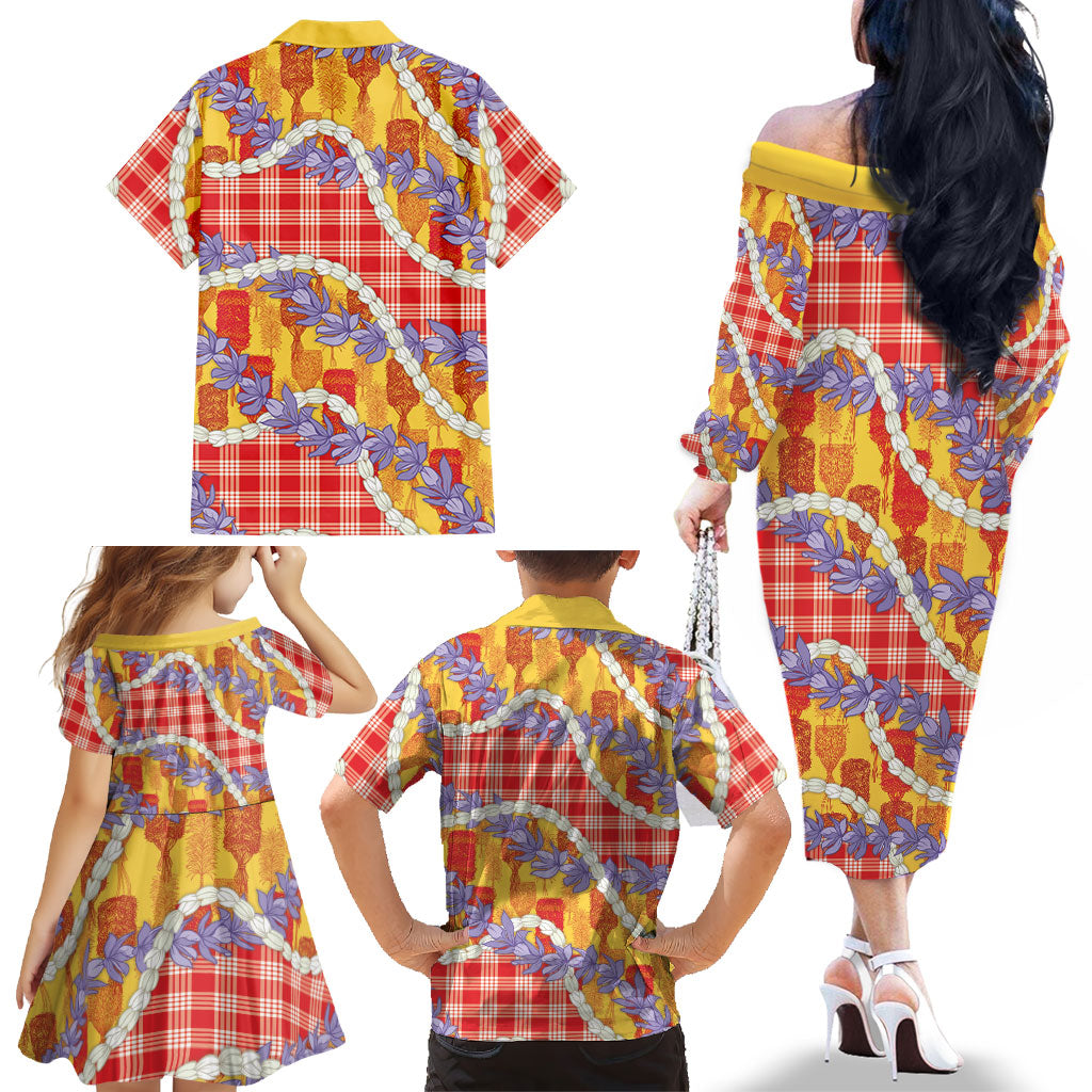 Hawaii Kahili Palaka Motifs Family Matching Off The Shoulder Long Sleeve Dress and Hawaiian Shirt Hawaiian Honohono Pikake Lei LT14 - Polynesian Pride