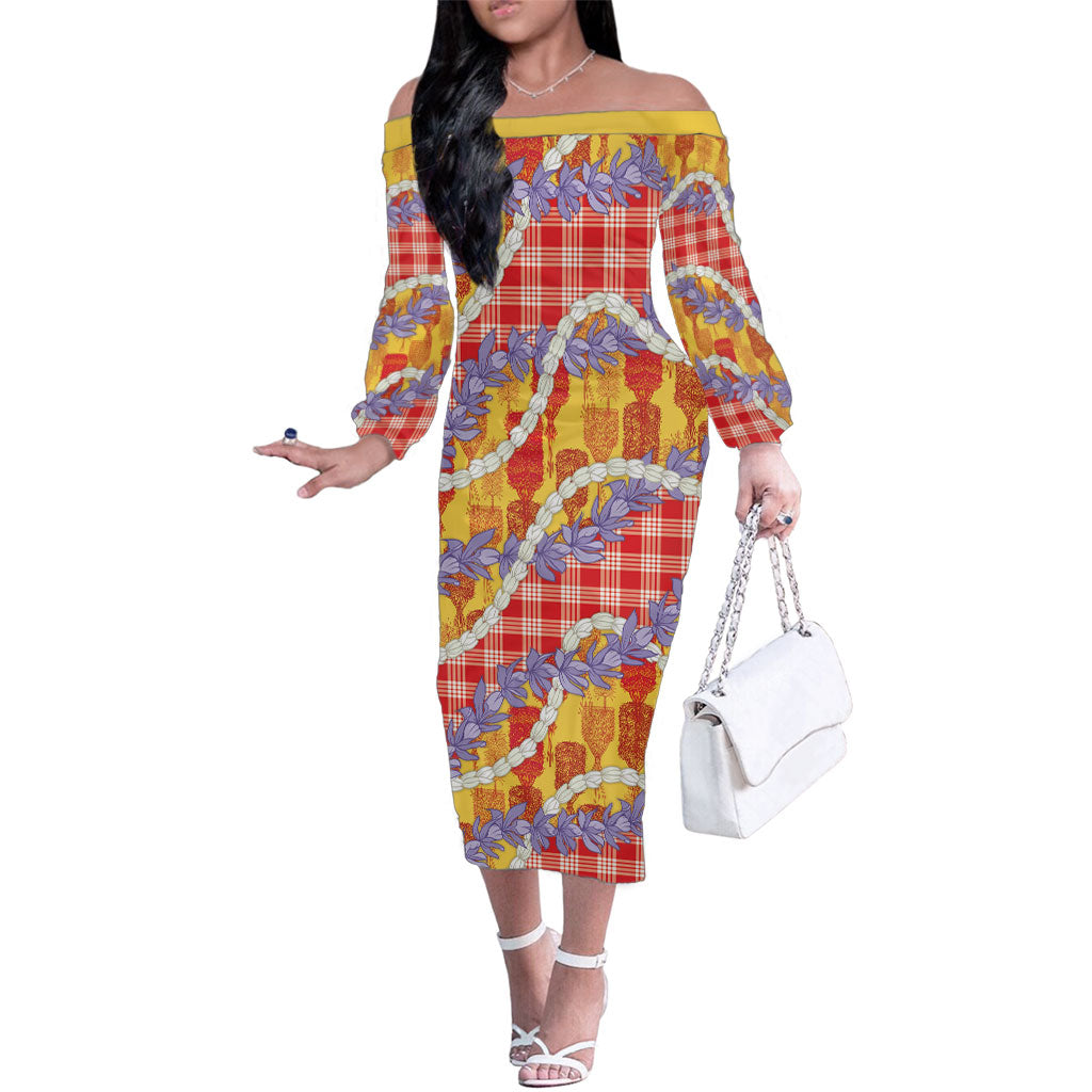 Hawaii Kahili Palaka Motifs Family Matching Off The Shoulder Long Sleeve Dress and Hawaiian Shirt Hawaiian Honohono Pikake Lei LT14 Mom's Dress Red - Polynesian Pride