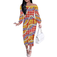 Hawaii Kahili Palaka Motifs Family Matching Off The Shoulder Long Sleeve Dress and Hawaiian Shirt Hawaiian Honohono Pikake Lei LT14 Mom's Dress Red - Polynesian Pride