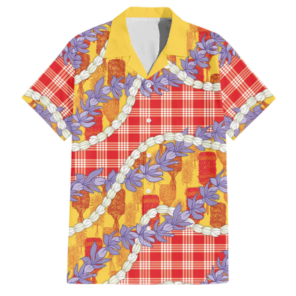 Hawaii Kahili Palaka Motifs Family Matching Off Shoulder Maxi Dress and Hawaiian Shirt Hawaiian Honohono Pikake Lei LT14 Dad's Shirt - Short Sleeve Red - Polynesian Pride