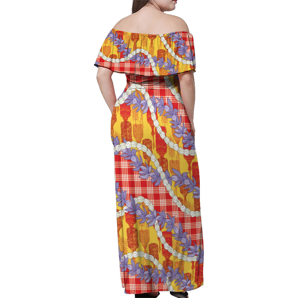 Hawaii Kahili Palaka Motifs Family Matching Off Shoulder Maxi Dress and Hawaiian Shirt Hawaiian Honohono Pikake Lei LT14 - Polynesian Pride