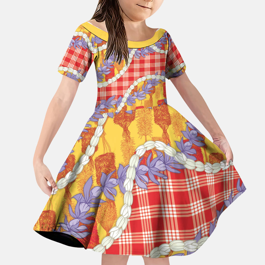 Hawaii Kahili Palaka Motifs Family Matching Off Shoulder Short Dress and Hawaiian Shirt Hawaiian Honohono Pikake Lei LT14 Daughter's Dress Red - Polynesian Pride