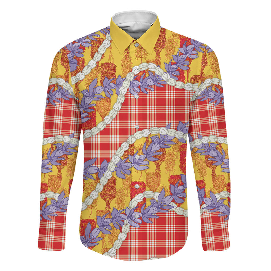Hawaii Kahili Palaka Motifs Family Matching Off Shoulder Short Dress and Hawaiian Shirt Hawaiian Honohono Pikake Lei LT14 Dad's Shirt - Long Sleeve Red - Polynesian Pride
