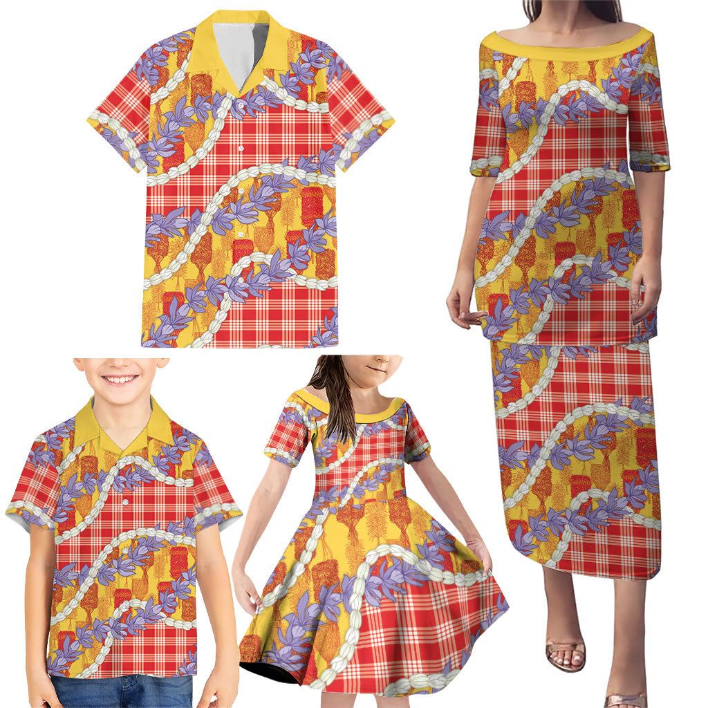 Hawaii Kahili Palaka Motifs Family Matching Puletasi and Hawaiian Shirt Hawaiian Honohono Pikake Lei LT14 - Polynesian Pride