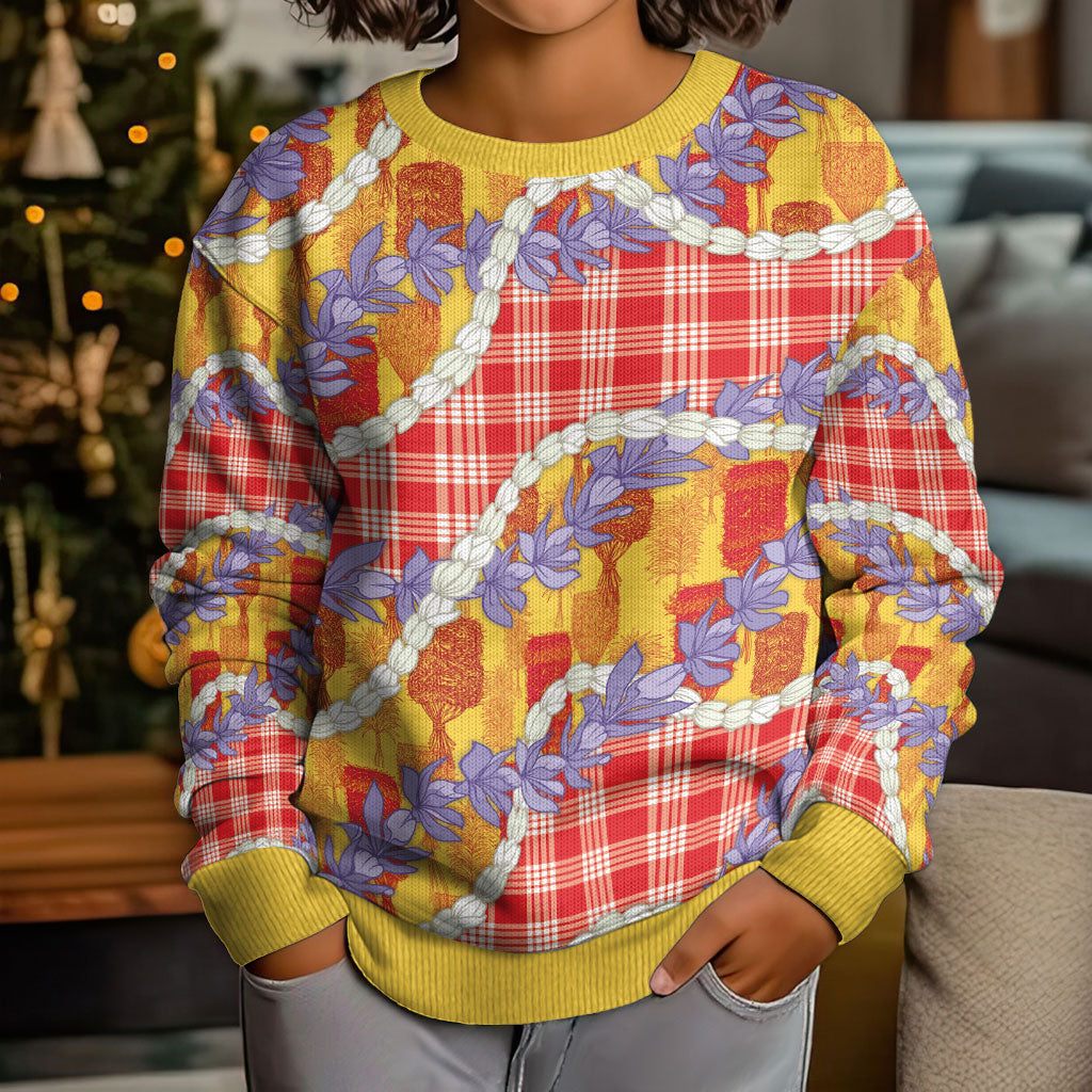 Hawaii Kahili Palaka Motifs Kid Ugly Christmas Sweater Hawaiian Honohono Pikake Lei LT14 - Polynesian Pride