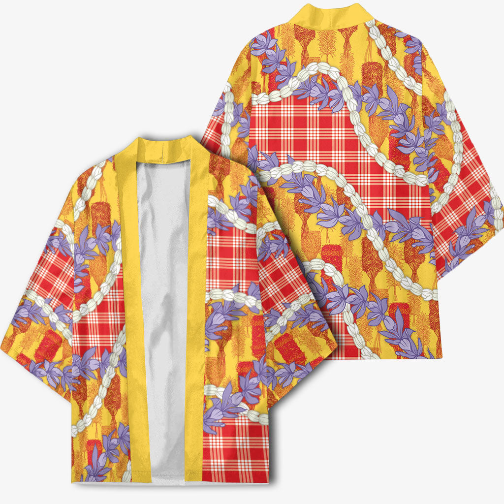 Hawaii Kahili Palaka Motifs Kimono Hawaiian Honohono Pikake Lei