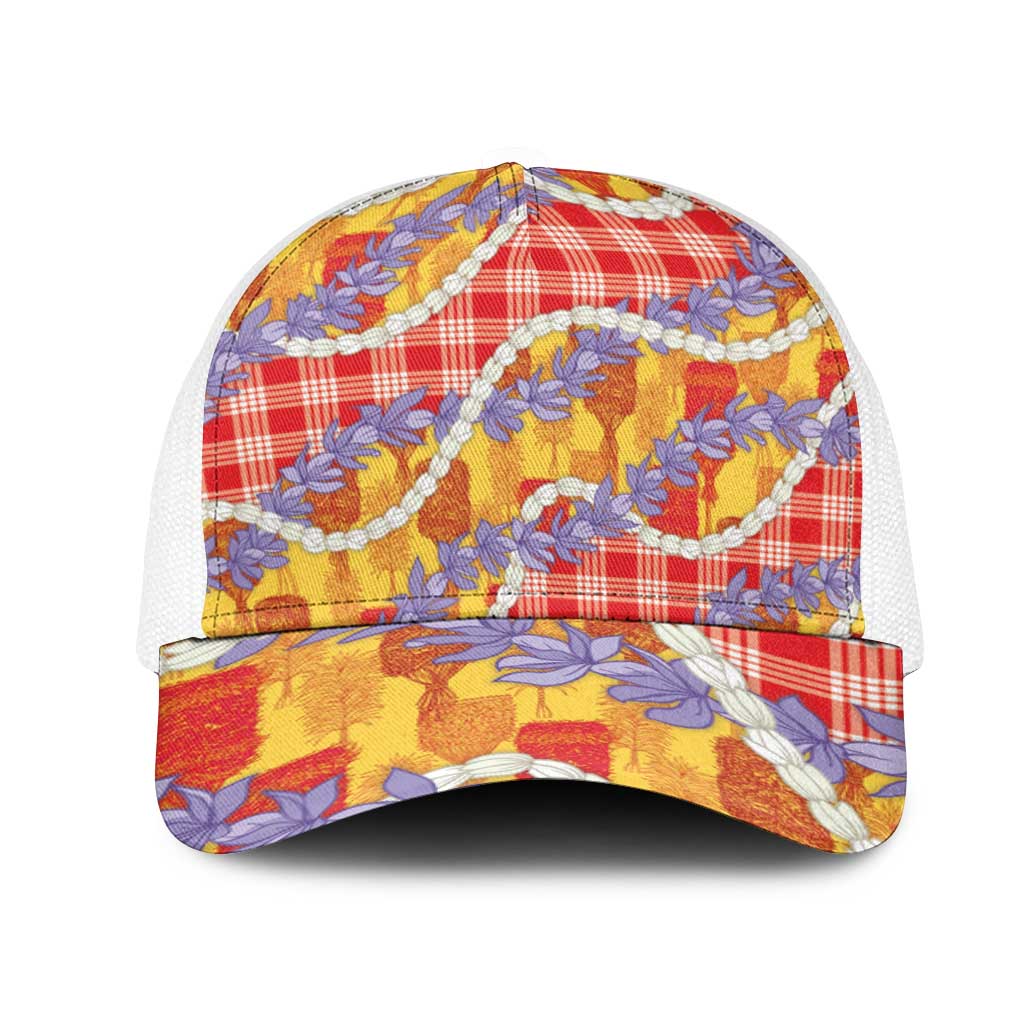 Hawaii Kahili Palaka Motifs Mesh Trucker Cap Hawaiian Honohono Pikake Lei LT14 One Size White Red - Polynesian Pride